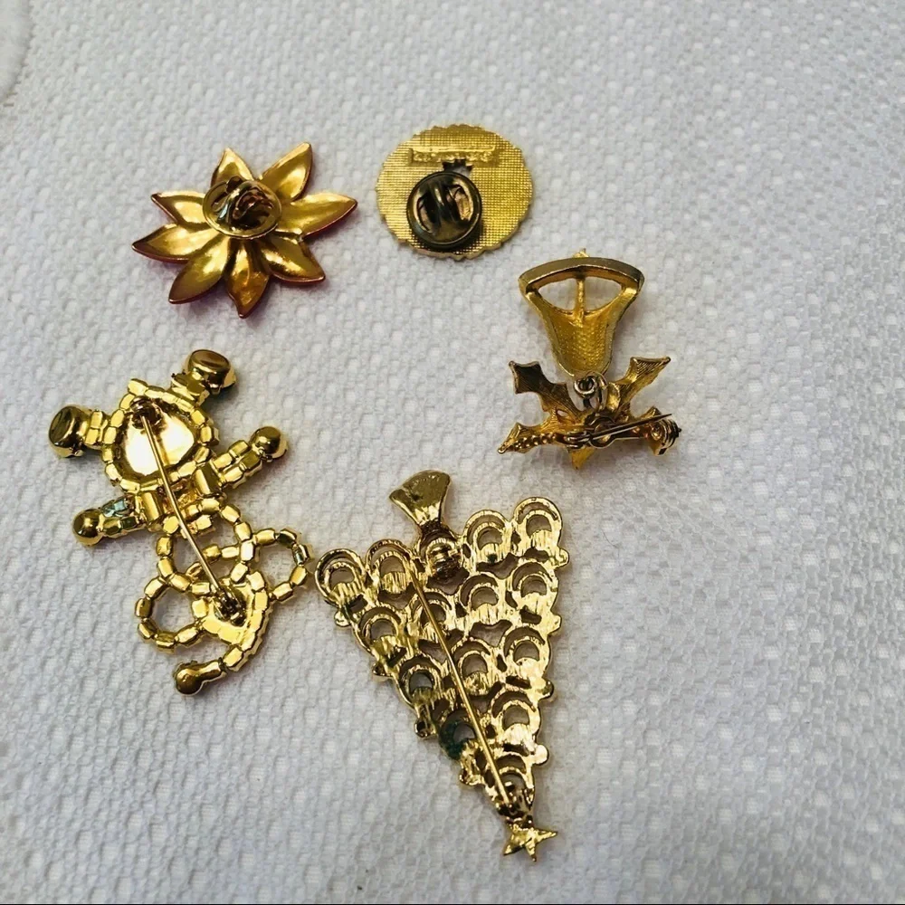 Christmas Brooch Bundle FIVE Gold Red Green Bell Tree Holiday Pins